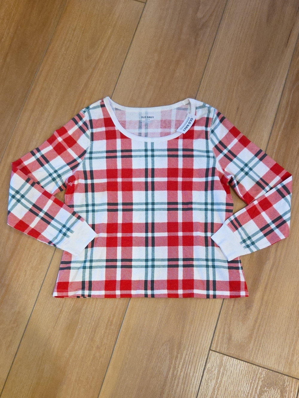 Old Navy Red Plaid Waffle Long-Sleeve Pajama Top with White & Green Accents